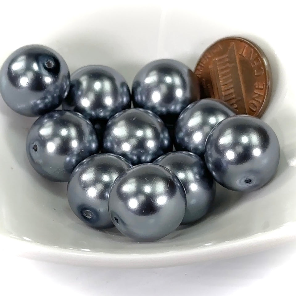 Czech Round Glass Imitation Pearls Grey Hematite Pearl color 14mm 10 pieces CL481