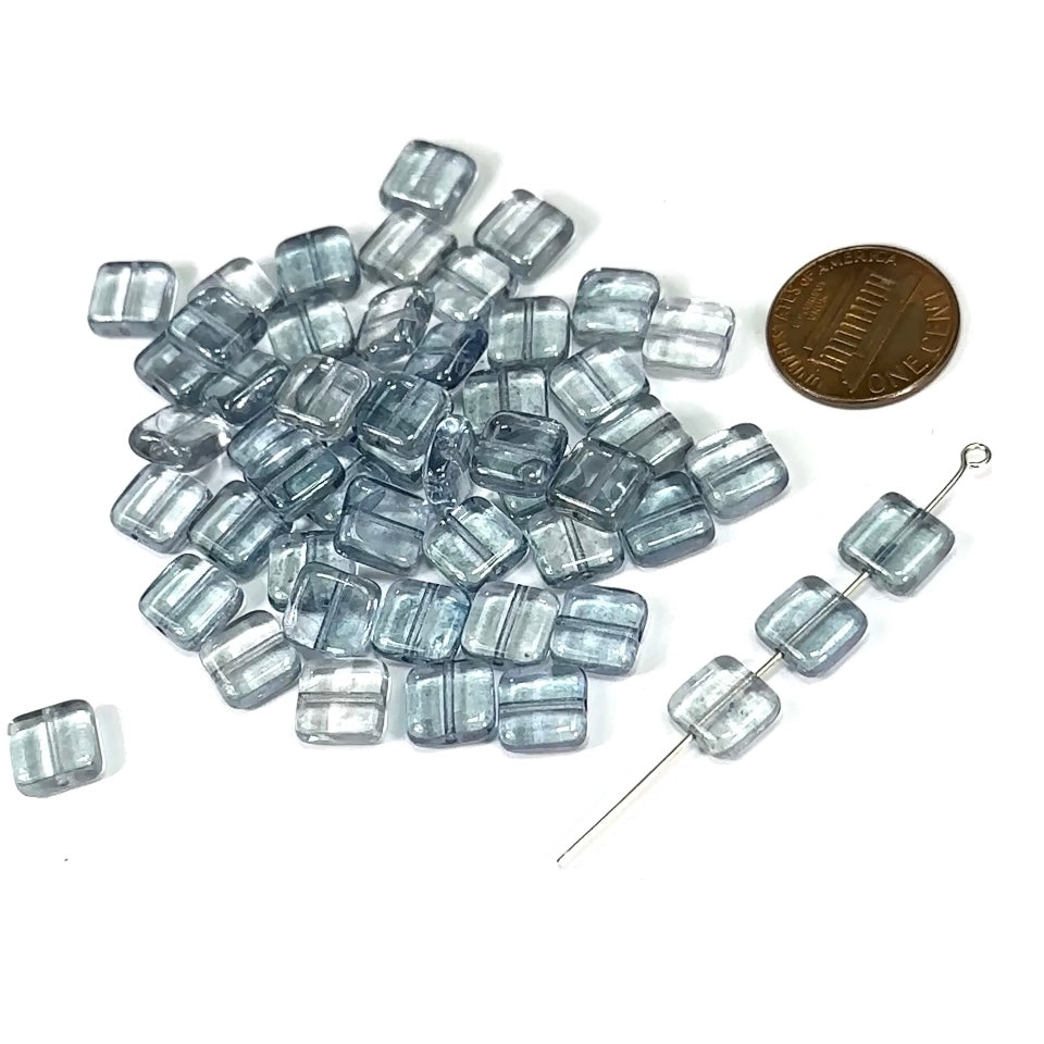 Czech Pressed Druk Flat Square Glass Beads 8x8mm Crystal Blue Luster 50pcs CL523
