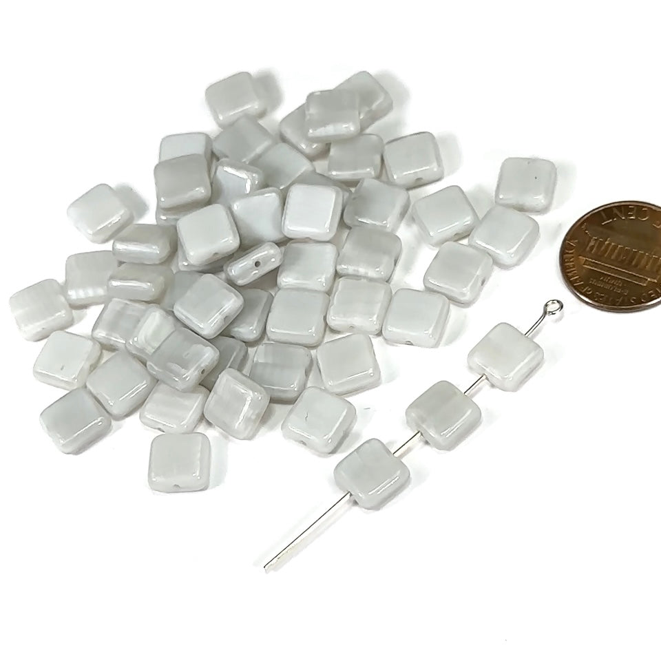 Czech Pressed Druk Flat Square Glass Beads 8x8mm White Satin 50pcs CL524