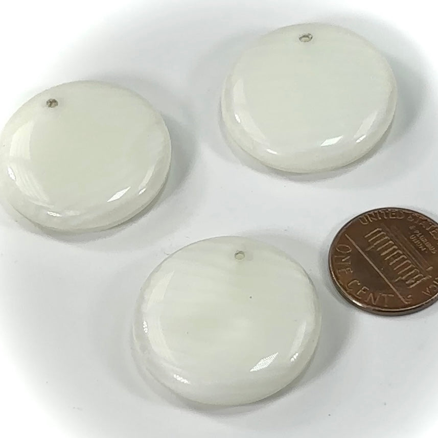 Czech Glass Smooth Large Round Disc Pendants 28x7mm White Stripes Satin 3 pieces CL538
