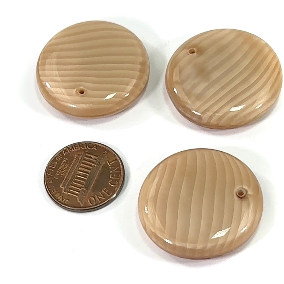 Czech Glass Smooth Large Round Disc Pendants 28x7mm Beige Stripes Satin 3 pieces CL539