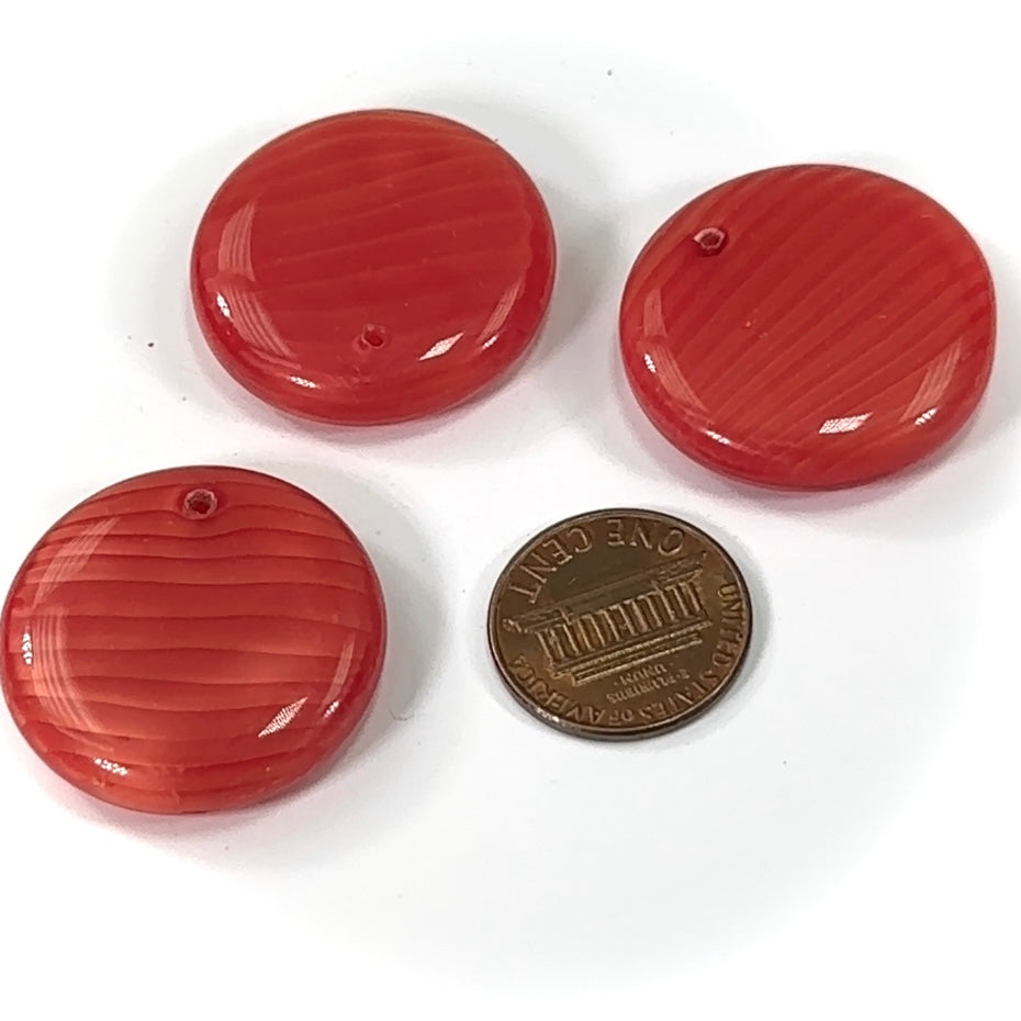 Czech Glass Smooth Large Round Disc Pendants 28x7mm Red Stripes Satin 3 pieces CL541