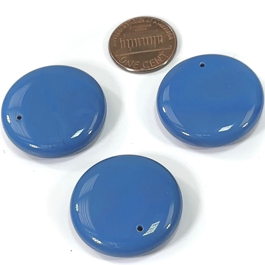 Czech Glass Smooth Large Round Disc Pendants 28x7mm Blue Opaque 3 pieces CL542