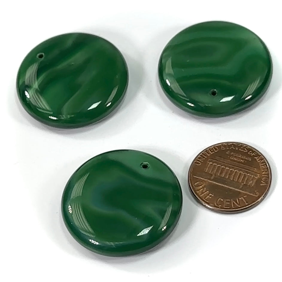 Czech Glass Smooth Large Round Disc Pendants 28x7mm Green Satin 3 pieces CL543