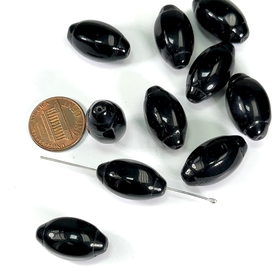 Czech Pressed Druk Fancy Olive Football Shaped Glass Beads 22x13mm Jet Black Opaque 10pcs CL602