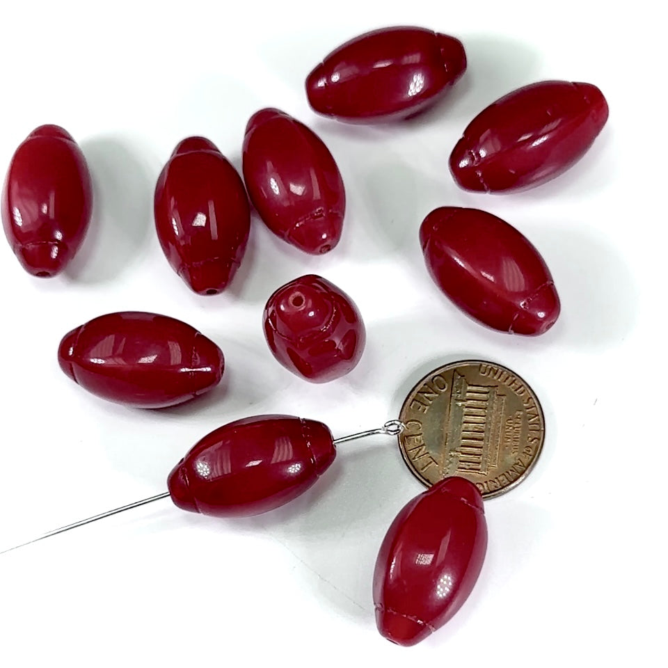 Czech Pressed Druk Fancy Olive Football Shaped Glass Beads 22x13mm Dark Red Opaque 10pcs CL603
