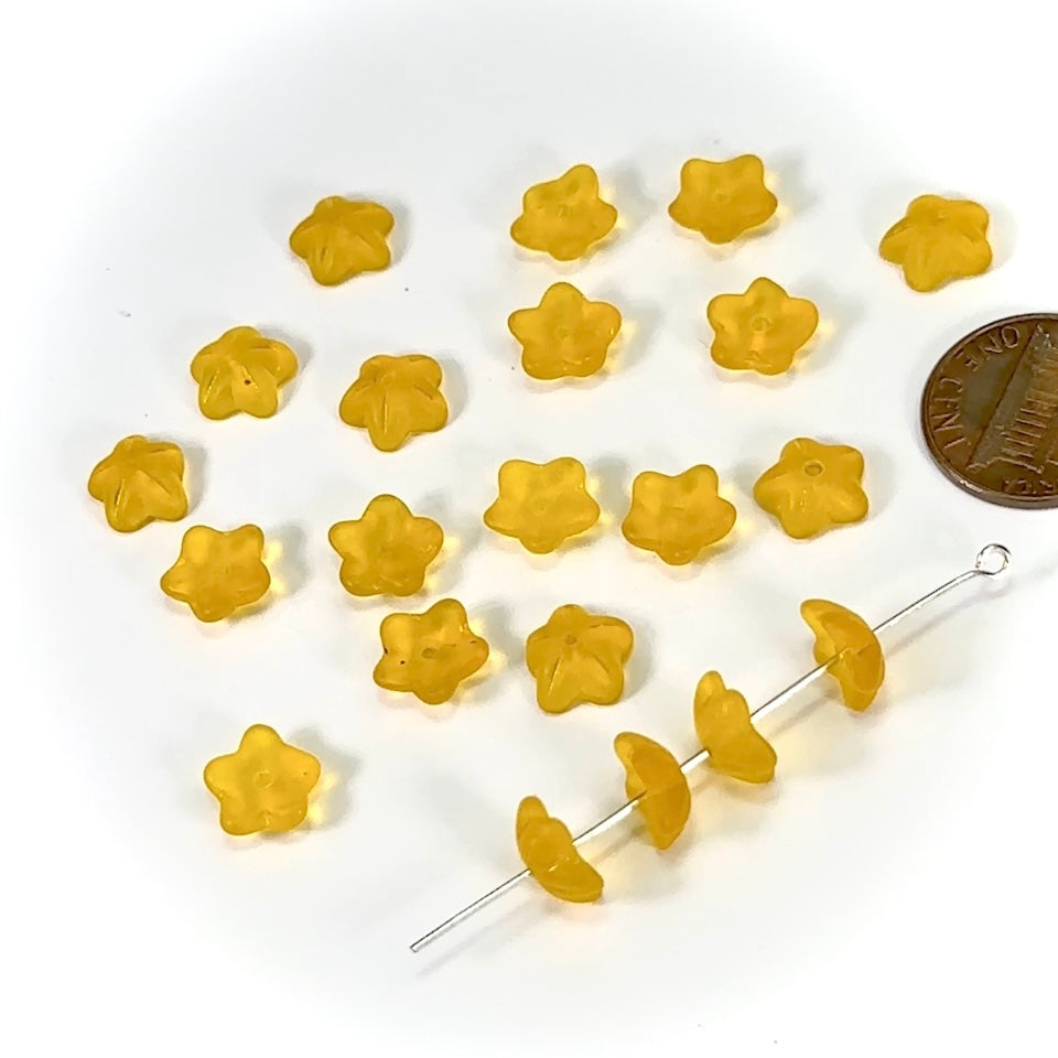 Czech Pressed Druk Flower Center Drilled Glass Beads Citrine Matted Yellow 10mm 20pcs CL607
