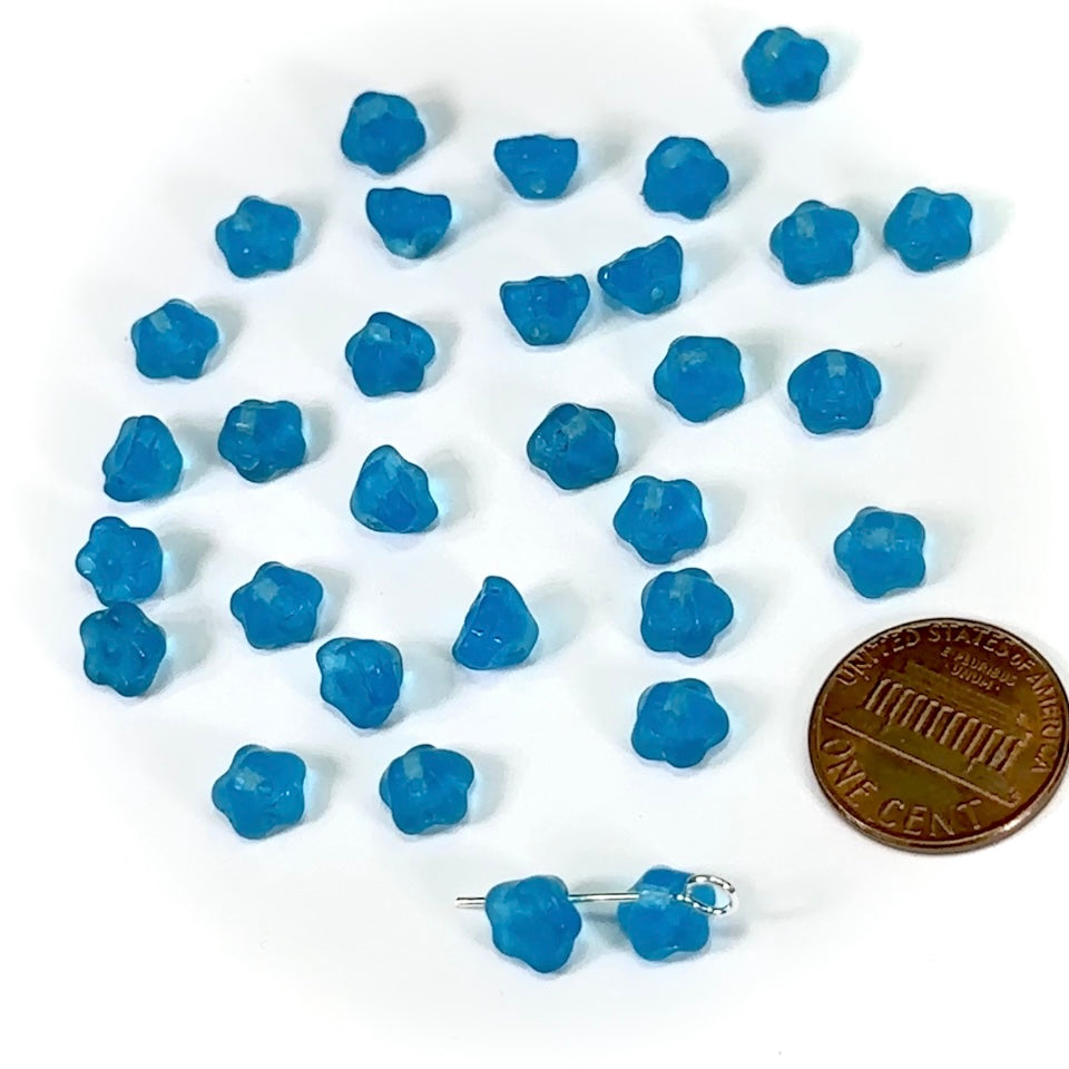 Czech Pressed Druk Flower 3D Top Drilled Glass Beads Aqua Matted blue 5x5mm 30pcs CL610