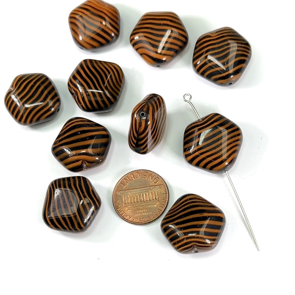Czech Pressed Druk Pentagon Shaped Glass Beads 20mm Brown and Black Zebra color 10pcs CL613