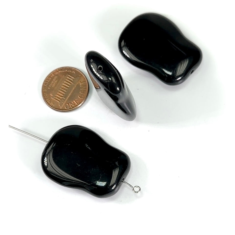 Czech Pressed Druk Fancy Shaped Glass Beads 33x22mm Jet black 3pcs CL649