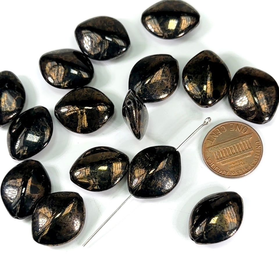 Czech Pressed Druk Smooth Fancy Shaped Glass Beads 20x16mm Black with Bronze Specs 15pcs CL651