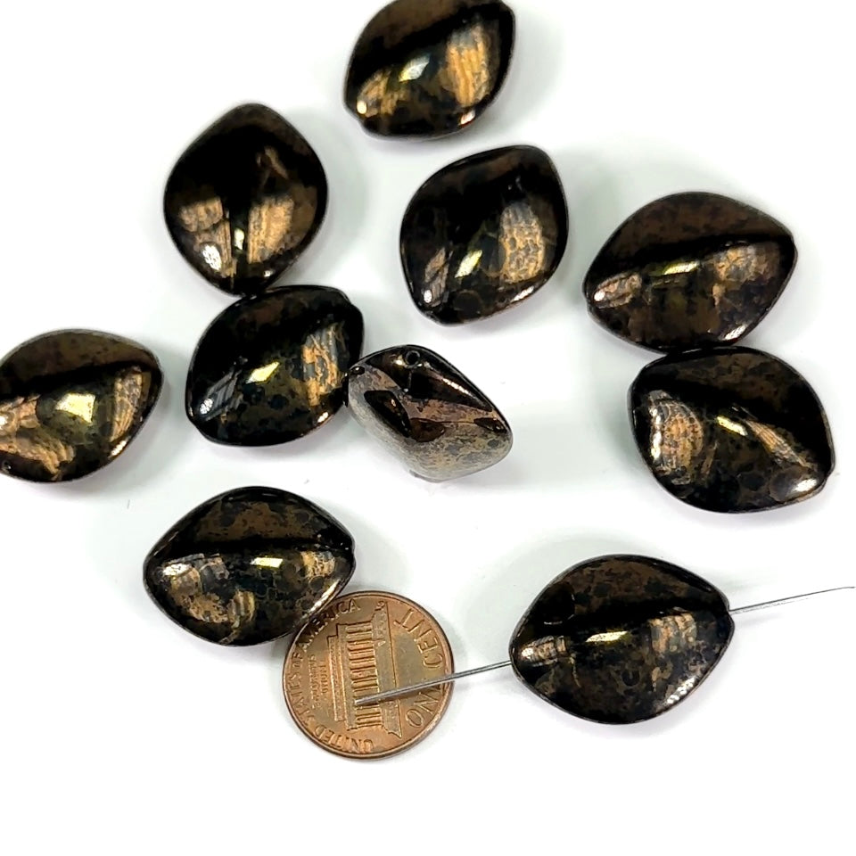 Czech Pressed Druk Smooth Fancy Shaped Glass Beads 24x19mm Black with Bronze Specs 10pcs CL652