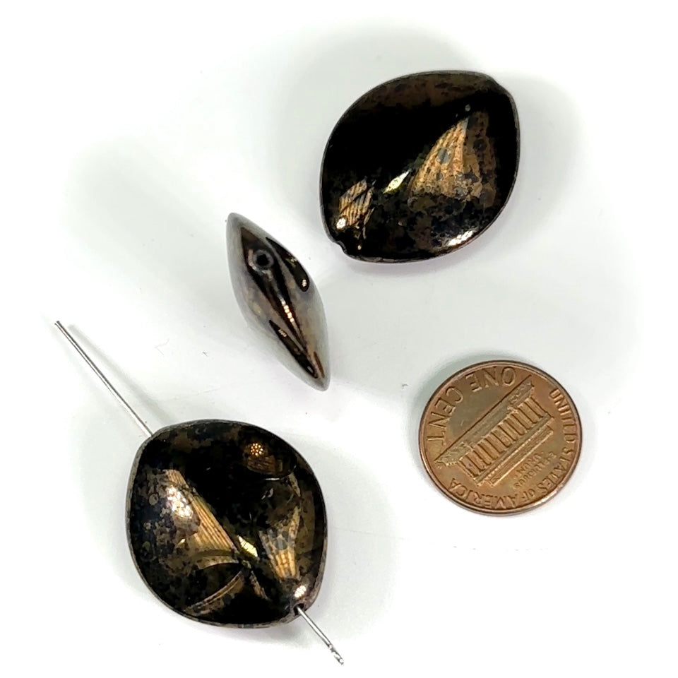 Czech Pressed Druk Smooth Fancy Shaped Glass Beads 28x23mm Black with Bronze Specs 3pcs CL653