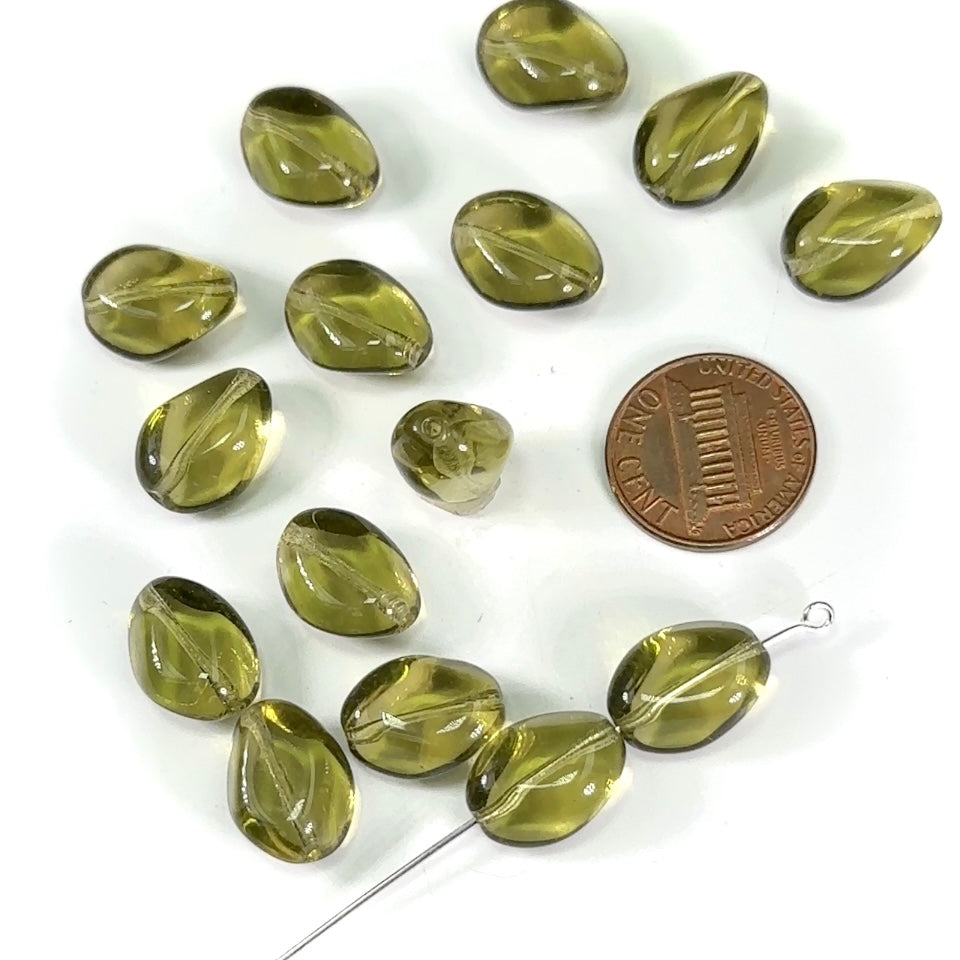 Czech Pressed Druk Fancy Shaped Glass Beads 15x11mm Olivine Green 15pcs CL659