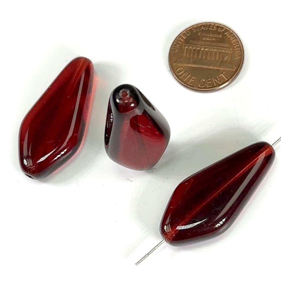 Czech Pressed Druk Fancy Shaped Glass Beads 34x16mm Ruby Red 3pcs CL663