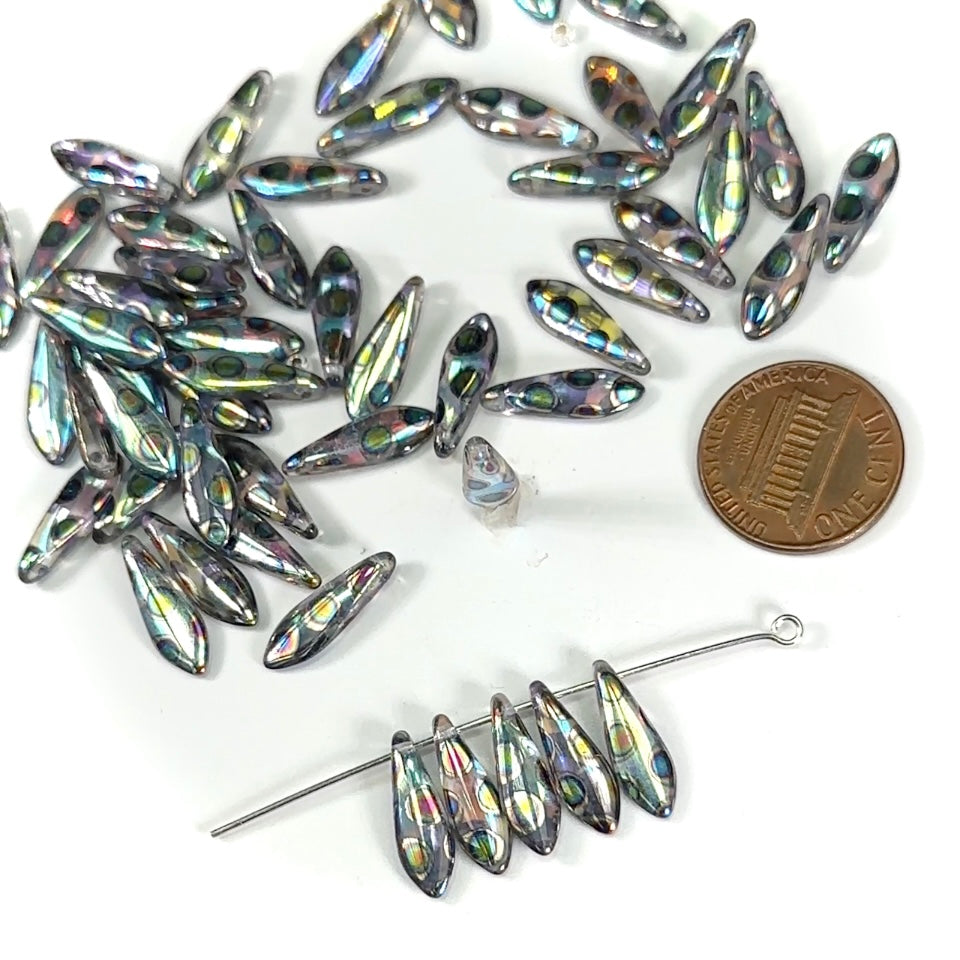 Czech Pressed Druk Top Drilled Tear Drop Glass Beads 15x5mm Crystal Peacock Metallic Coated 50pcs CL673