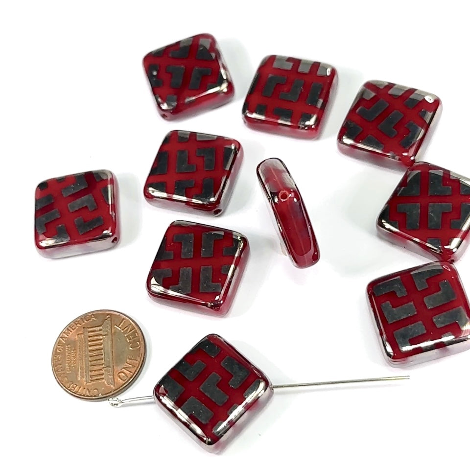 Czech Pressed Druk Flat Square Diagonally Drilled Glass Beads 18mm Red with Chrome Metal Prints 10pcs CL697