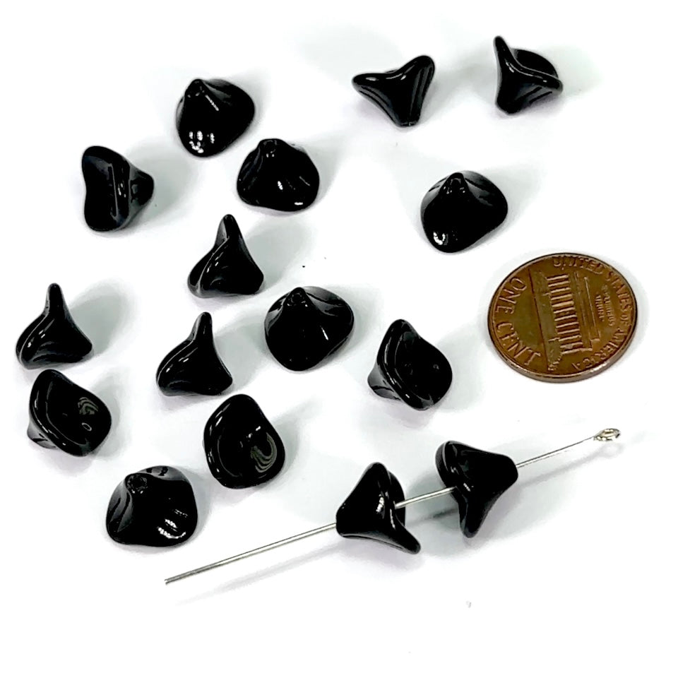 Czech Pressed Druk Bell Flower Center Drilled Glass Beads Black 8x12mm 15pcs CL742