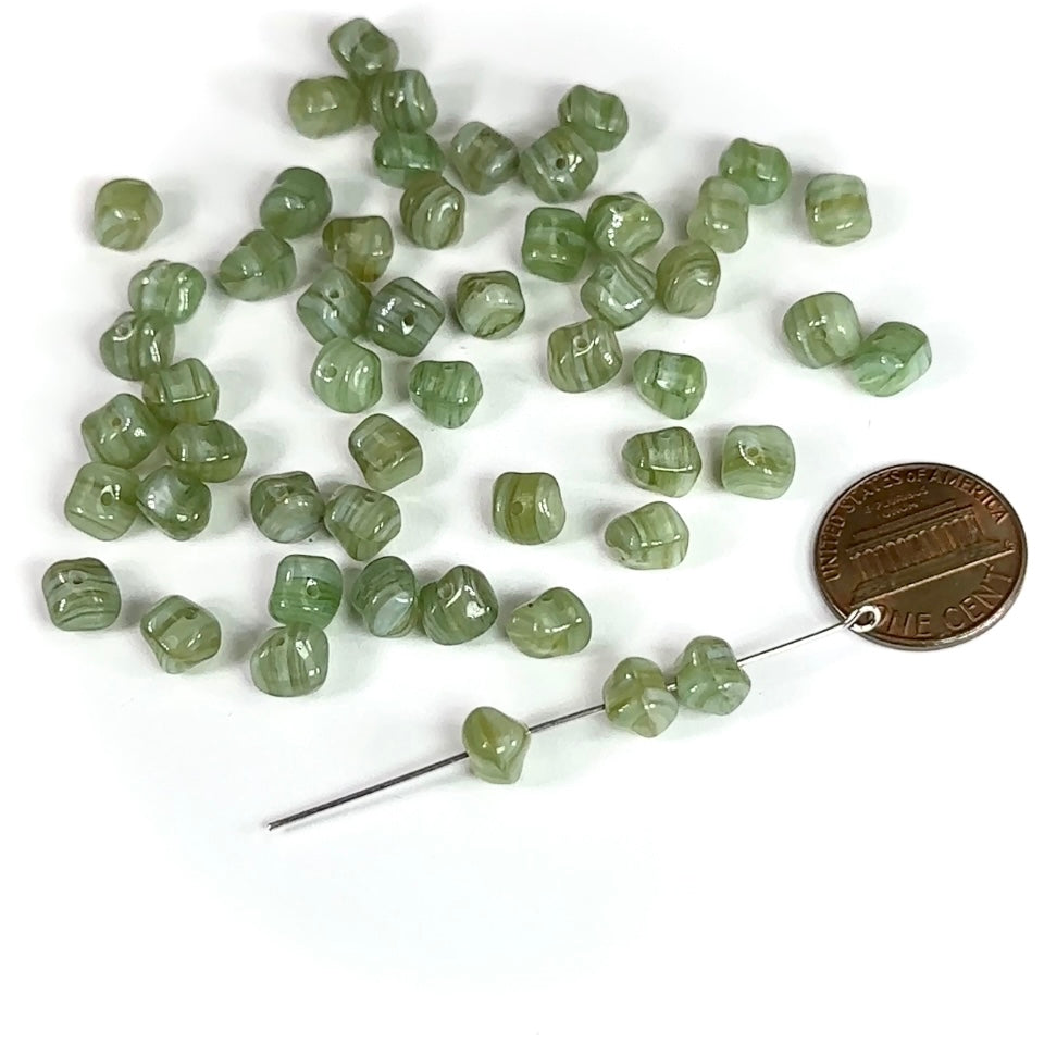 Czech Pressed Druk Center Drilled Irregular Glass Fancy Beads 2-tone Green Striped Opal 6x7mm 50pcs CL907