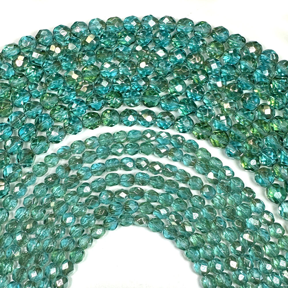 Aqua Celsian coated, Czech Fire Polished Round Faceted Glass Beads