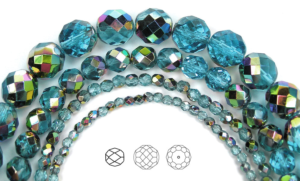 Aqua Vitrail coated Czech Fire Polished Round Faceted Glass Beads 16 inch strand