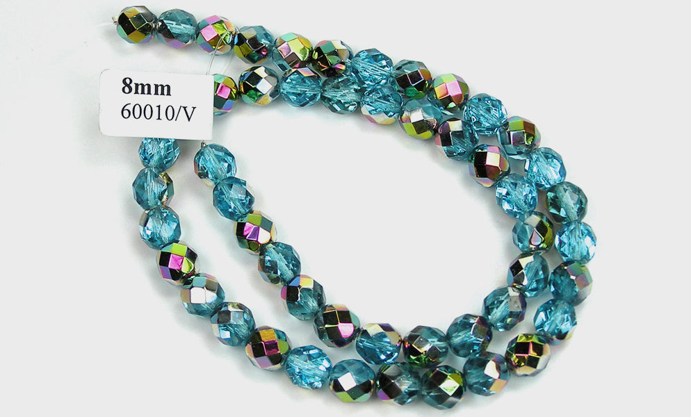 Aqua Vitrail coated Czech Fire Polished Round Faceted Glass Beads 16 inch strand