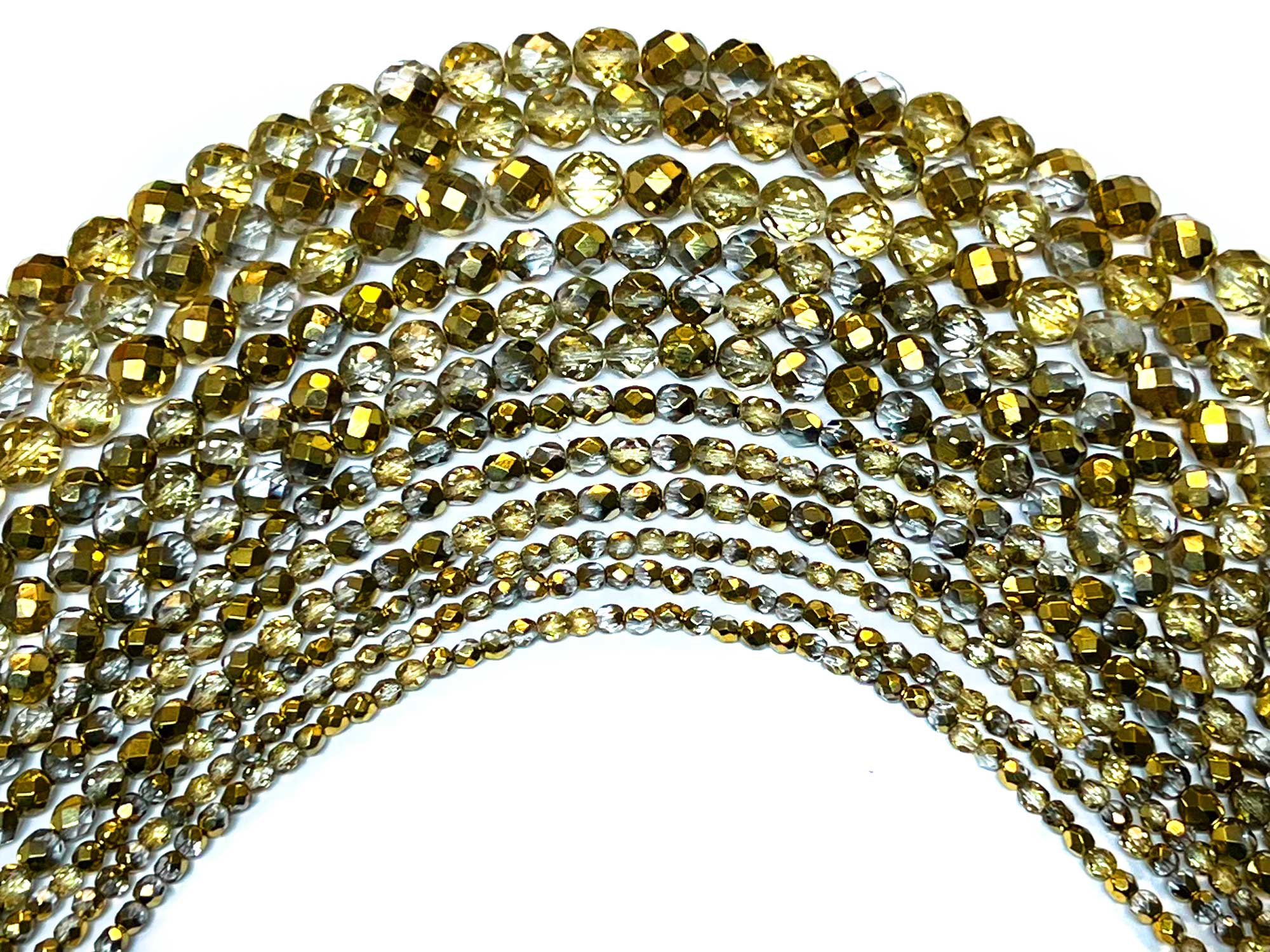 Crystal Amber 2-sided Gold coated, Czech Fire Polished Round Faceted Glass Beads, 16 inch strand