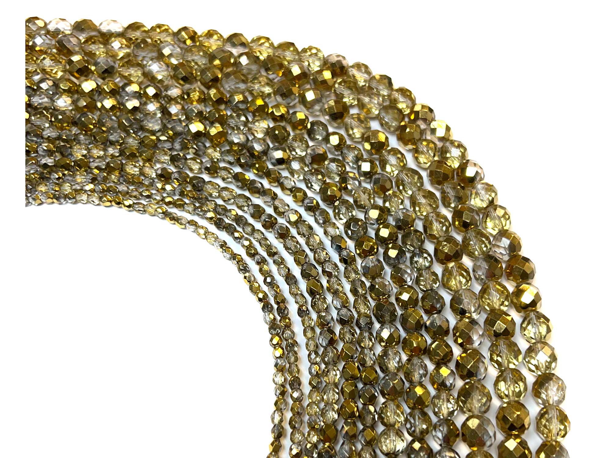 Crystal Amber 2-sided Gold coated, Czech Fire Polished Round Faceted Glass Beads, 16 inch strand