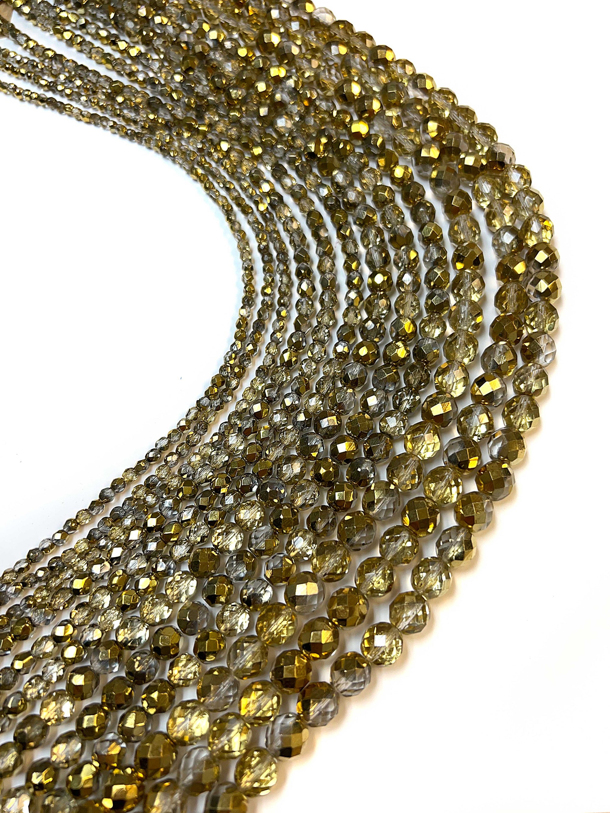 Crystal Amber 2-sided Gold coated, Czech Fire Polished Round Faceted Glass Beads, 16 inch strand