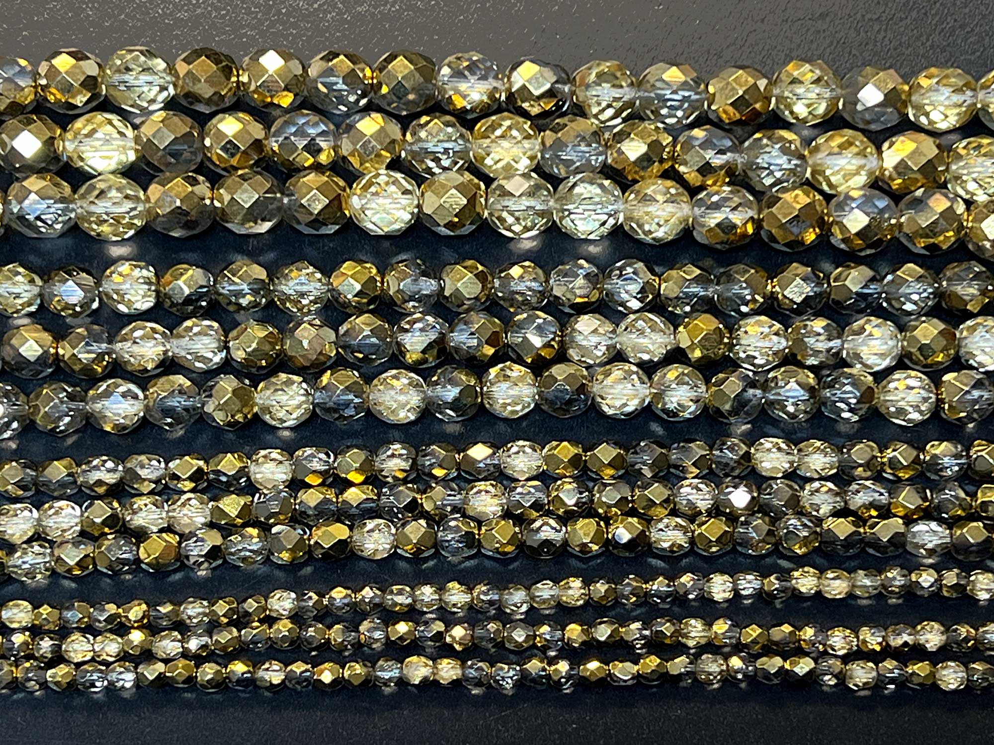Crystal Amber 2-sided Gold coated, Czech Fire Polished Round Faceted Glass Beads, 16 inch strand