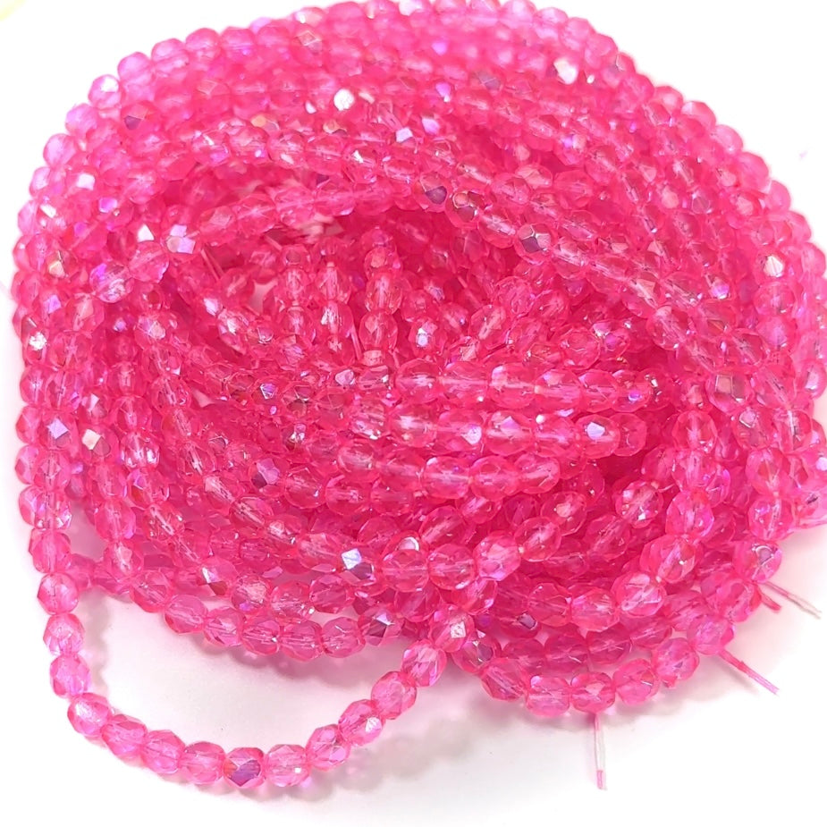 Crystal Bright Pink AB coated, Czech Fire Polished Round Faceted Glass Beads
