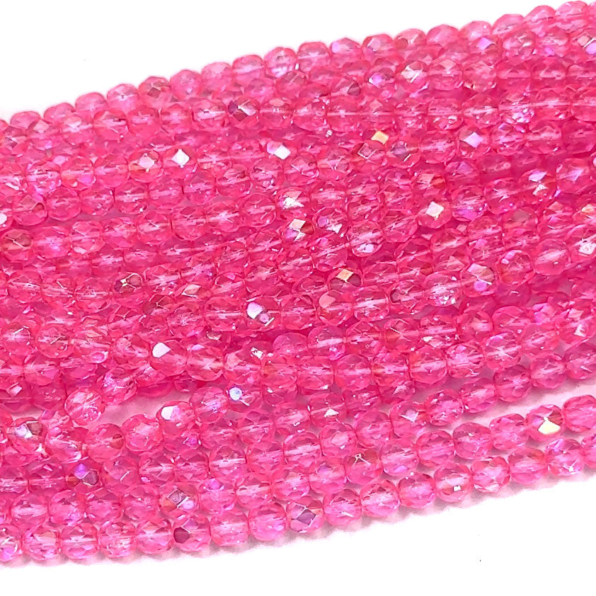 Crystal Bright Pink AB coated, Czech Fire Polished Round Faceted Glass Beads