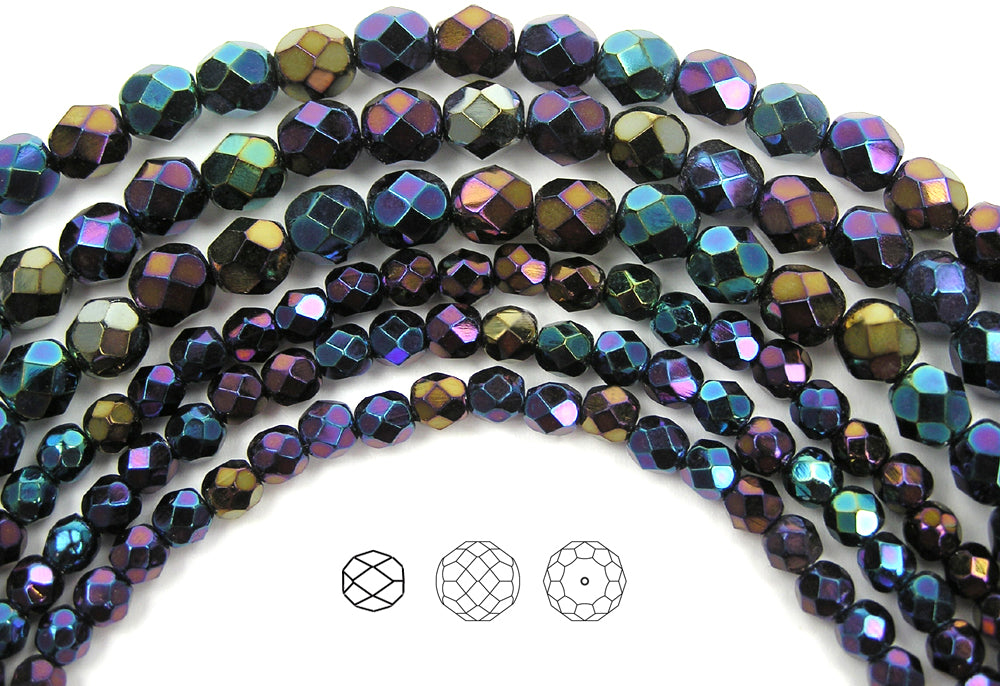 Jet Blue Iris fully coated loose Traditional Czech Fire Polished Round Faceted Glass Beads 4mm 6mm 8mm 14mm