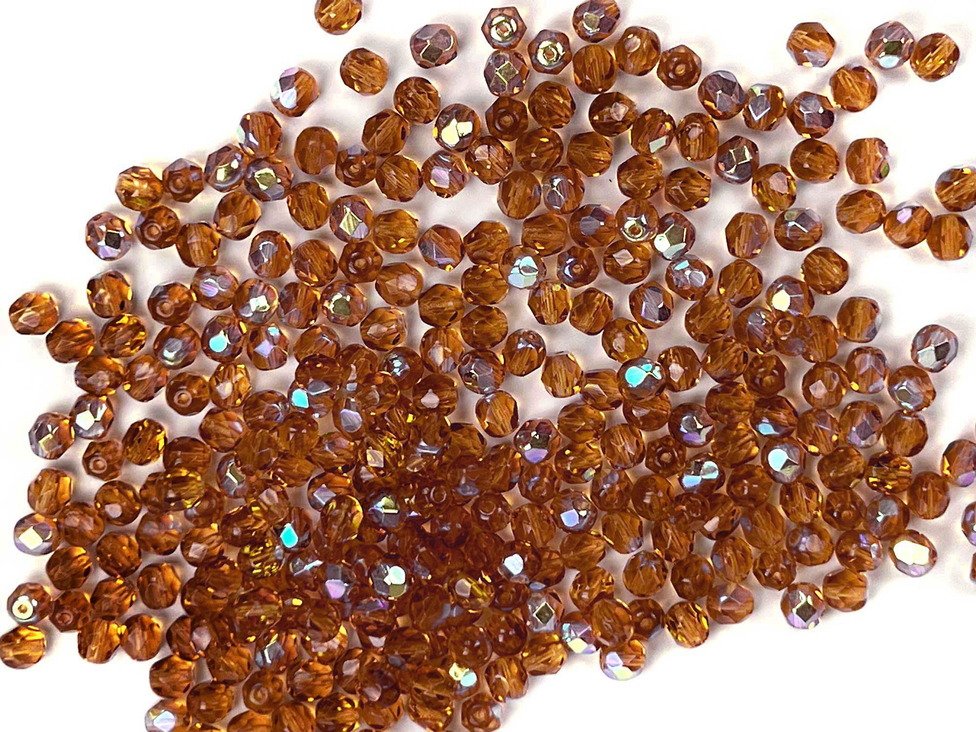 Medium Topaz AB coated, Czech Fire Polished Round Faceted Glass Beads, 16 inch strands, medium brown with Aurora Borealis coating, 3mm, 4mm, 6mm, 8mm