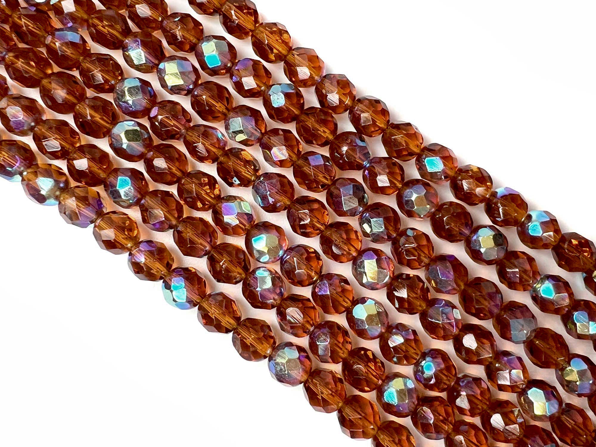 Medium Topaz AB coated, Czech Fire Polished Round Faceted Glass Beads, 16 inch strands, medium brown with Aurora Borealis coating, 3mm, 4mm, 6mm, 8mm