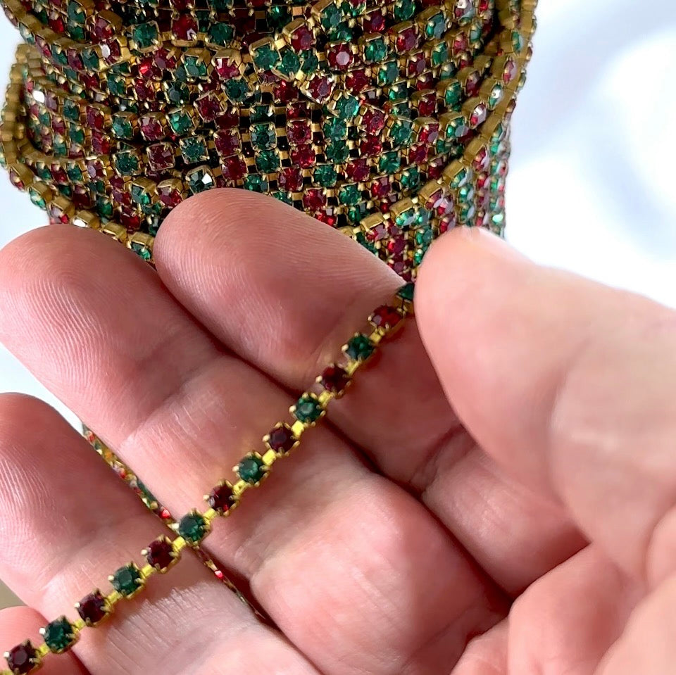 3 feet Swarovski Rhinestone Chain pp24 Ruby Emerald Raw Brass G08