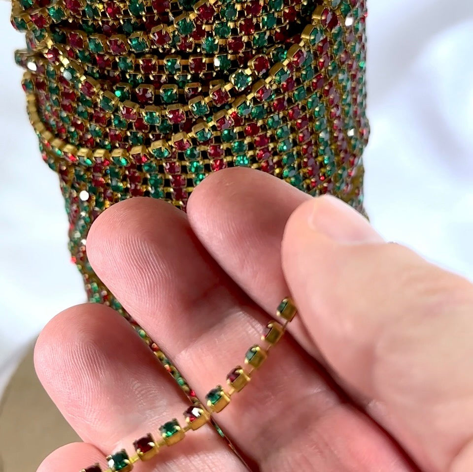 3 feet Swarovski Rhinestone Chain pp24 Ruby Emerald Raw Brass G08