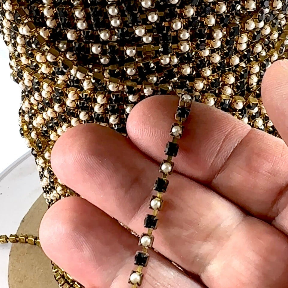 3 feet Swarovski Rhinestone Chain pp24 Jet black and Pearl Raw Brass G10