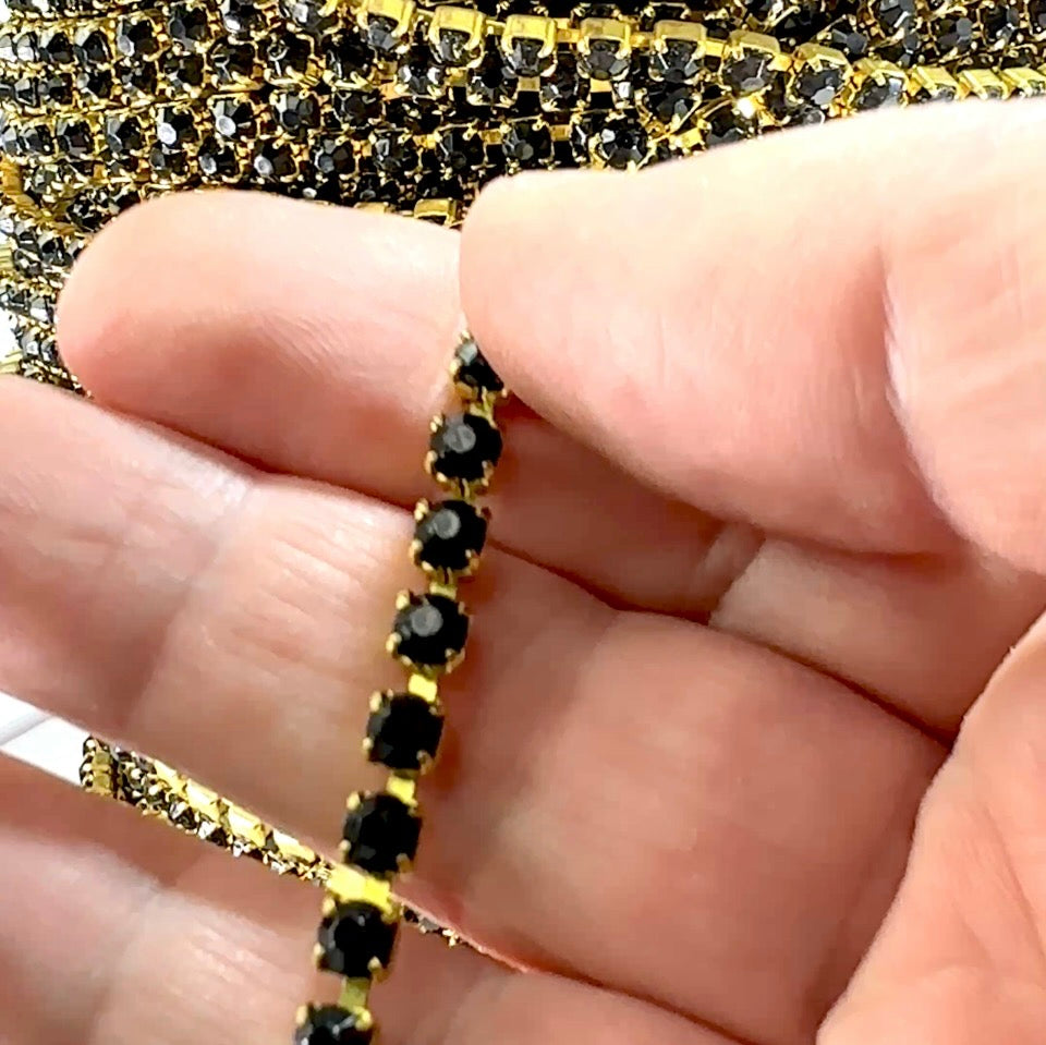 3 feet Swarovski Rhinestone Chain pp32 Jet black Raw Brass G15