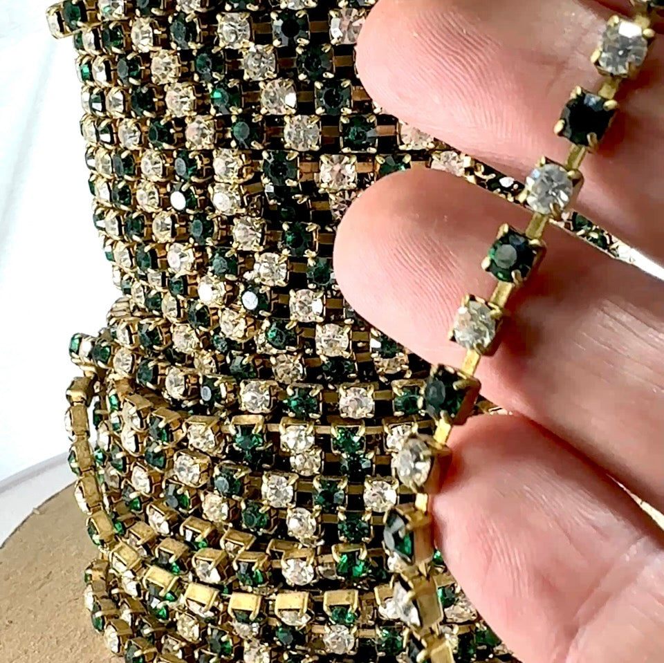 3 feet Swarovski Rhinestone Chain ss19 Emerald Clear Crystal Raw Brass G16