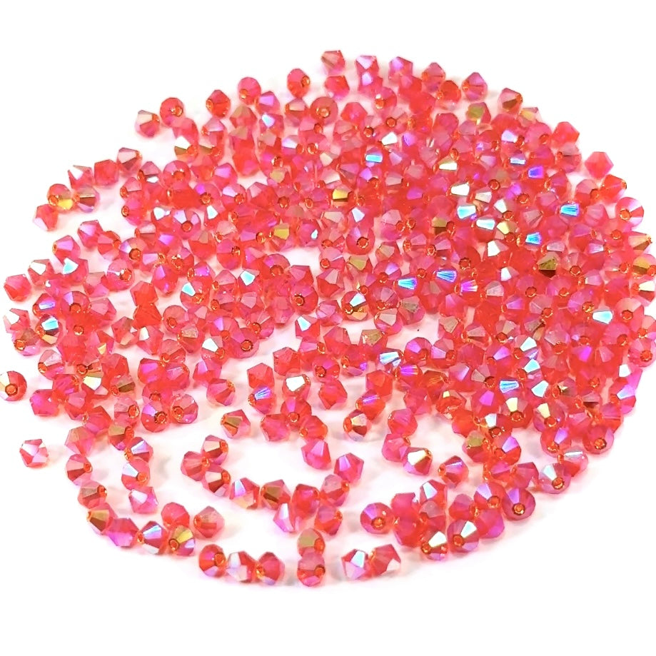 Hyacinth Marvel-AB, Czech Glass Beads, Machine Cut Bicones (MC Rondell, Diamond Shape), orange red crystals coated with RICH Aurora Borealis