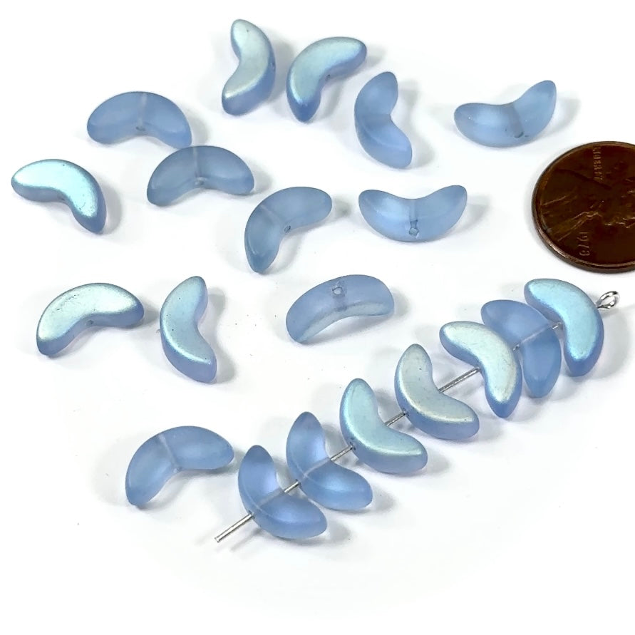 Czech Pressed Druk Moon Shape Glass Beads with Center Hole 13x5mm Blue AB Matted 20 pieces CL026