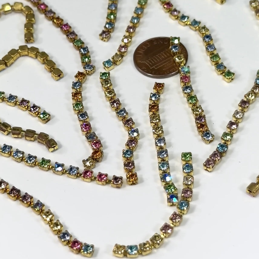 Vintage Swarovski 2 inch Rhinestone Chain pieces with 3mm Light Multi color Stones Unplated 24 pieces SW035