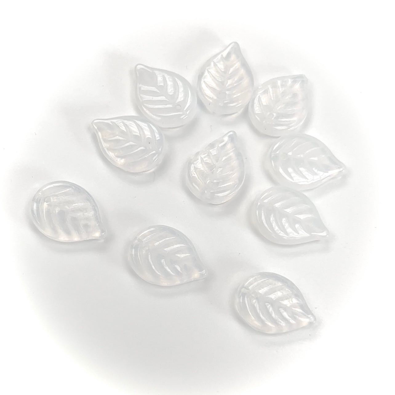 Czech Glass Druk Pendant Beads in size 18x13mm, top drilled Leaf, White Opal color, 50pcs, J056