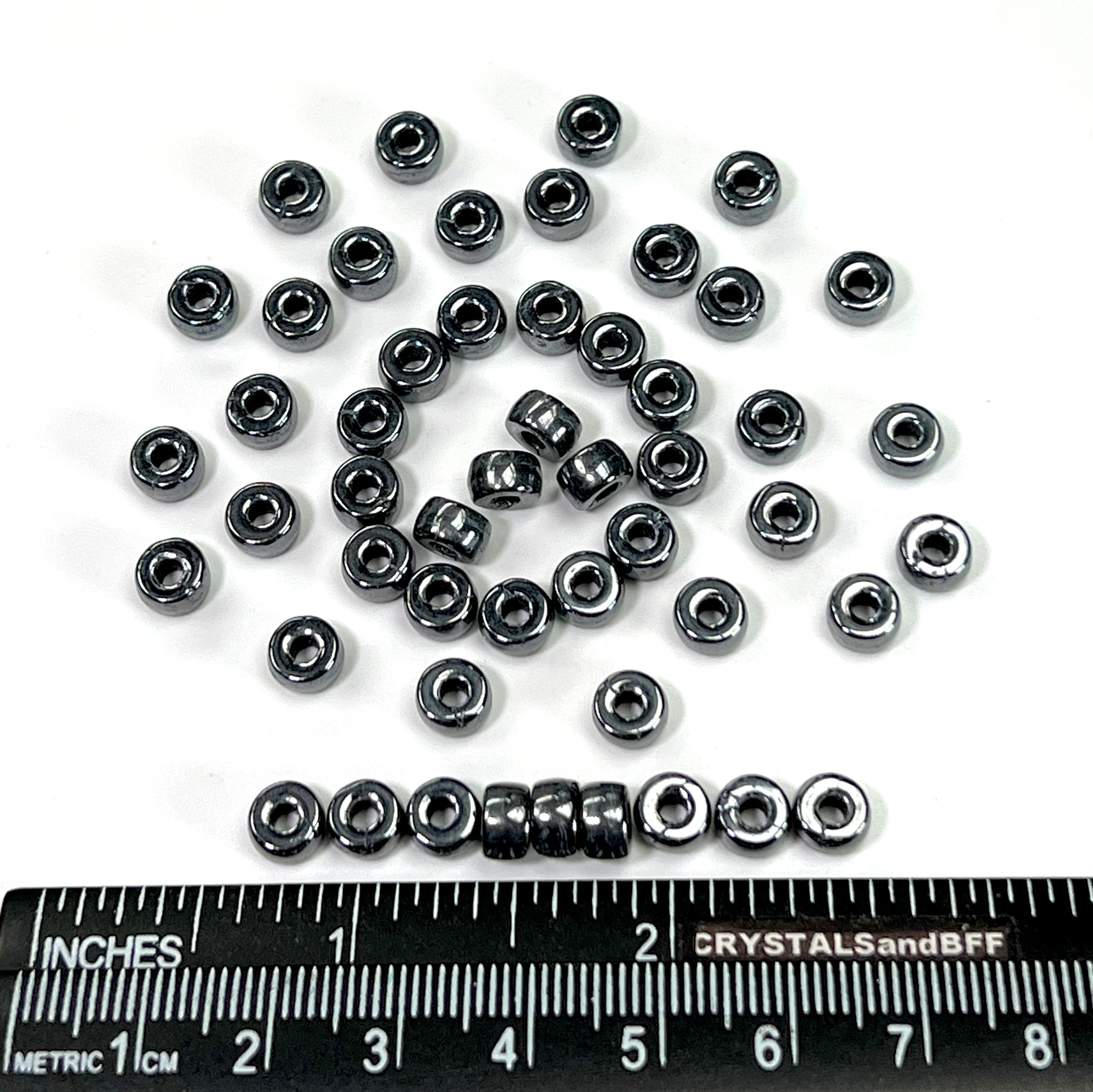Czech Glass Druk Large Hole Beads in size 6mm, Jet Hematite coated, 50pcs, J083