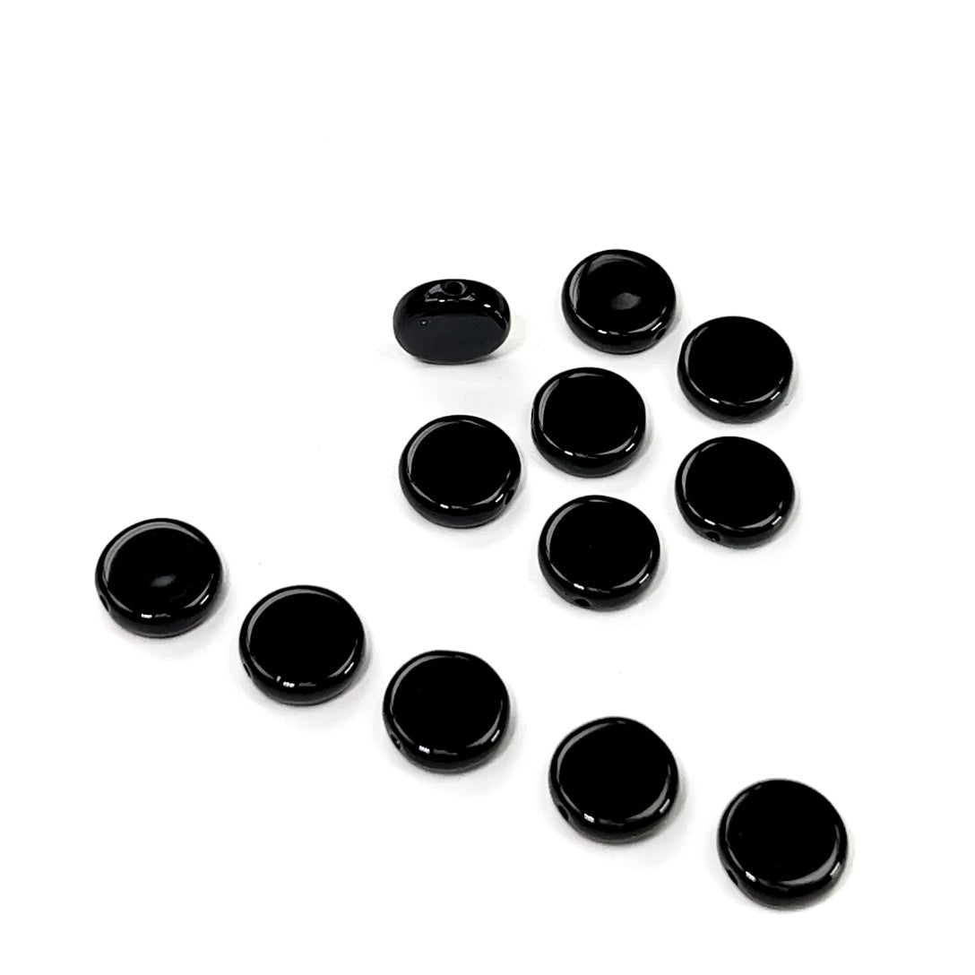Czech Glass Druk Beads in size 10mm, Flat Disc, Jet black color, 50pcs, J095