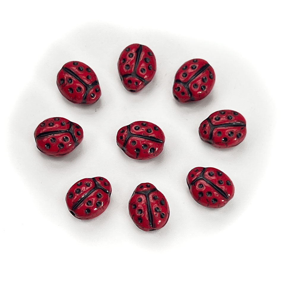 Czech Glass Druk Beads in size 9x7mm Ladybug Bead Red Coral color with Jet black Painting 50pcs J097