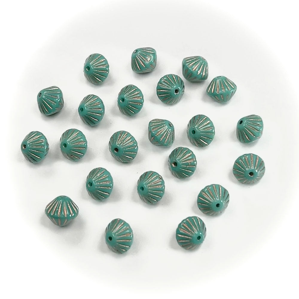 Czech Glass Druk Beads in size 9mm, Fancy Bicones, Green Turquoise Copper Painted, 50pcs, J098