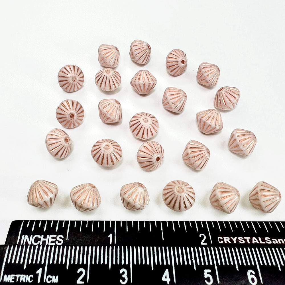 Czech Glass Druk Beads in size 9mm, Fancy Bicones, Chalk White Copper Painted, 50pcs, J099
