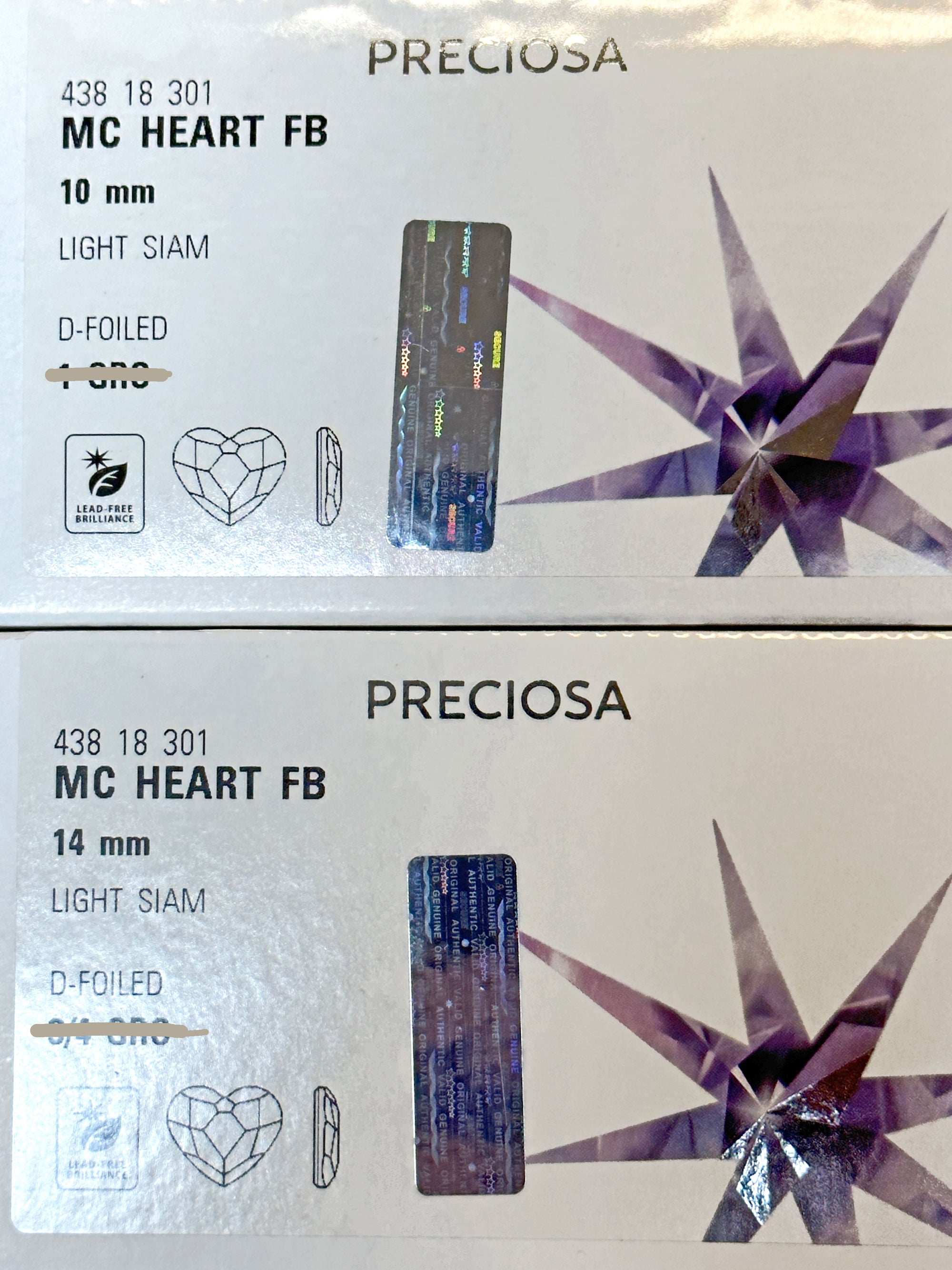 Light Siam, Preciosa Czech MC Love HEART Maxima Flatback Stones Style #438-18-301 Silver Foiled, red, sizes 10mm and 14mm